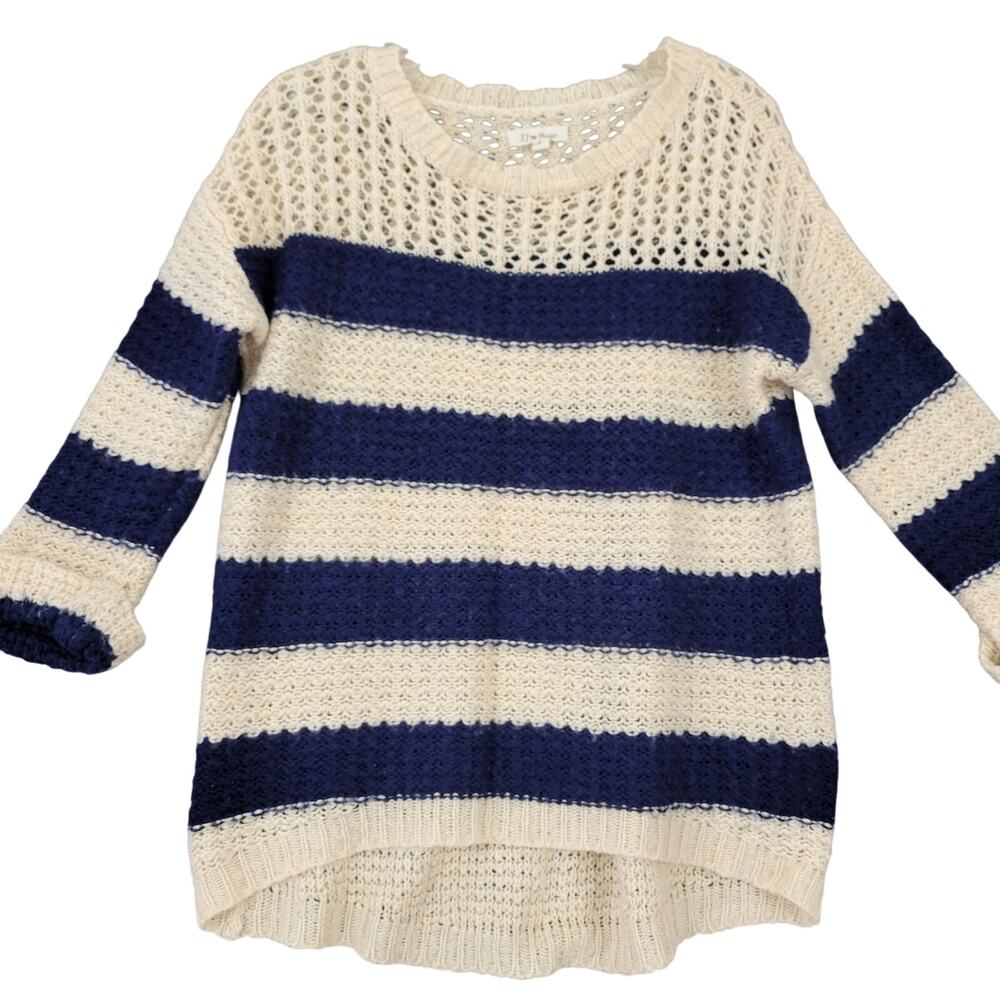 JJ Basics Blue Tan Sweater Preppy Stripe Rolled 3/4 Sleeve Knit Women Size L Top